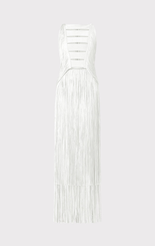 DRAPED FRINGE PLUNGING GOWN